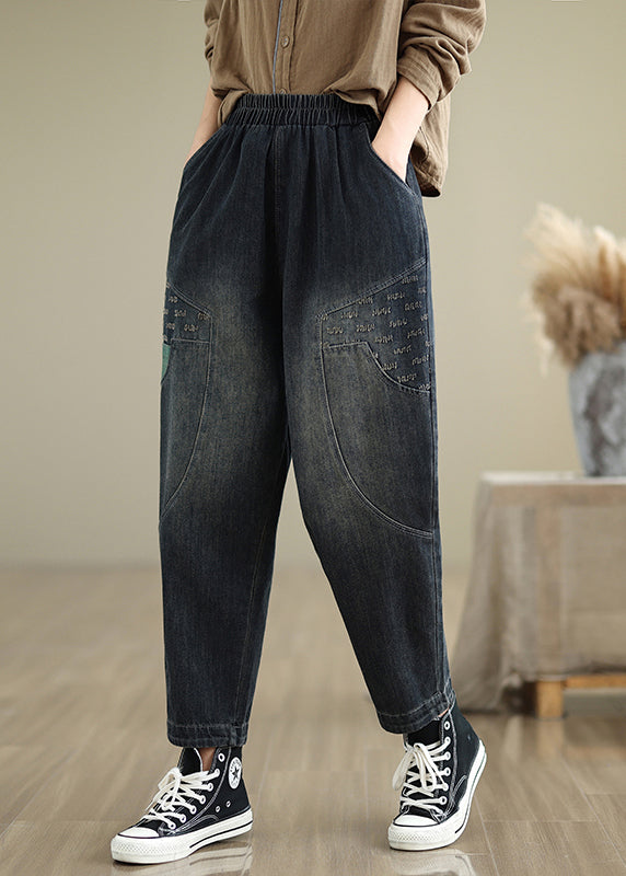 Pantalon en jean bleu marine avec poches et taille élastique pour femme Automne QO053