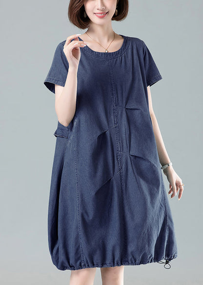 Women Navy Ruffled Drawstring Denim Dresses Summer MN065