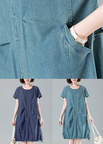 Women Navy Ruffled Drawstring Denim Dresses Summer MN065