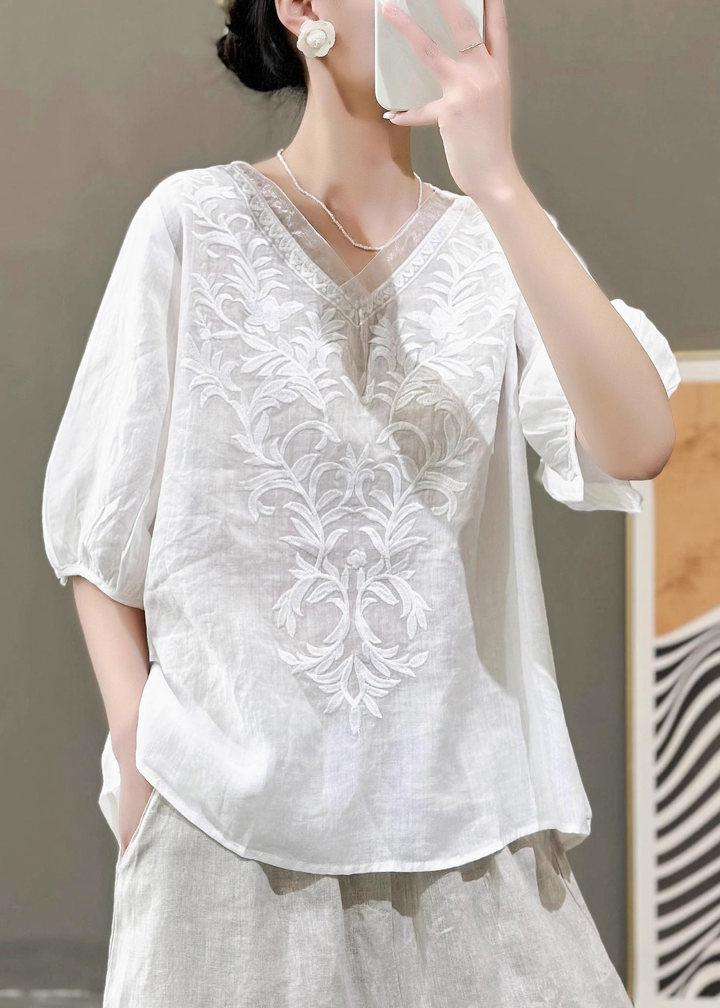 Women Nwe Purple V Neck Embroidered Linen Top Summer QK019