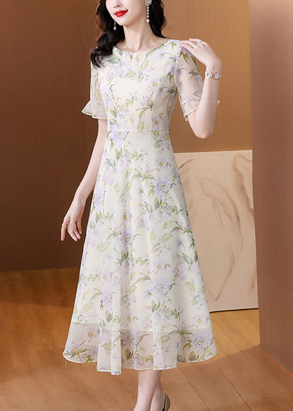 Women O Neck Print Chiffon Long Dress Summer BB015