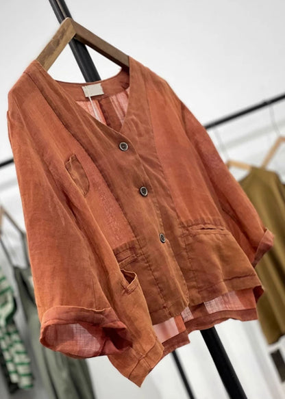 Women Orange Button Pockets Linen Cardigan Spring GG046