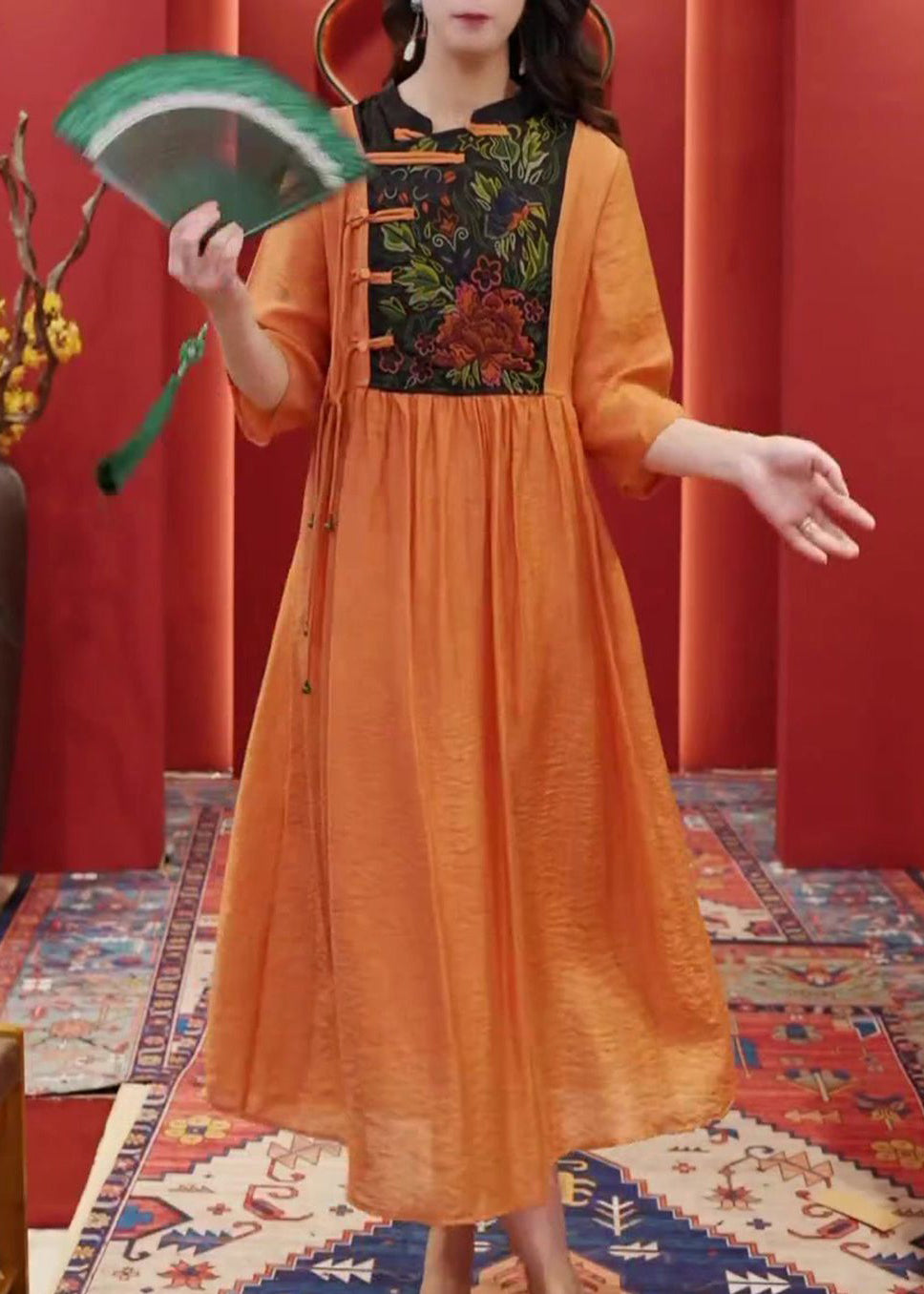 Robe en coton à boutons brodés orange pour femmes, demi-manches AA1055