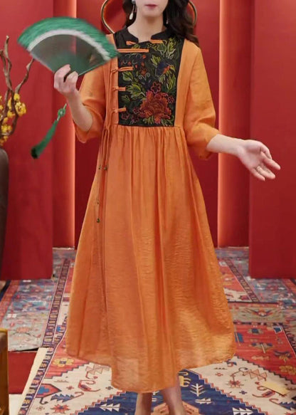 Robe en coton à boutons brodés orange pour femmes, demi-manches AA1055