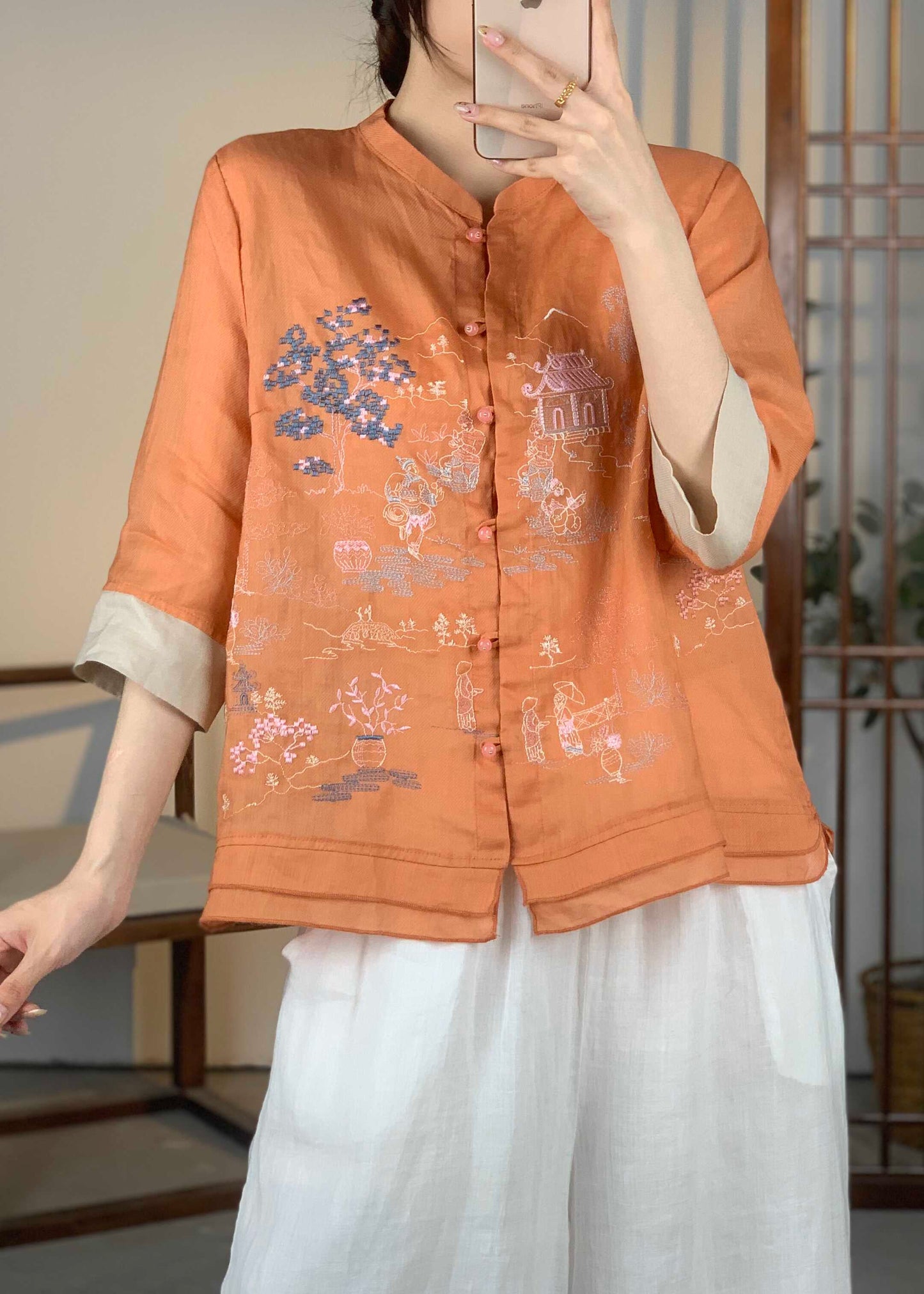 Chemise en lin patchwork brodée orange pour femme avec manches bracelet JH001