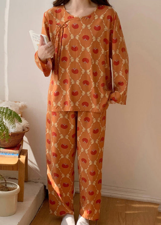 Women Orange O-Neck Bow Silk Velvet Two Piece Set Long Sleeve XS1004