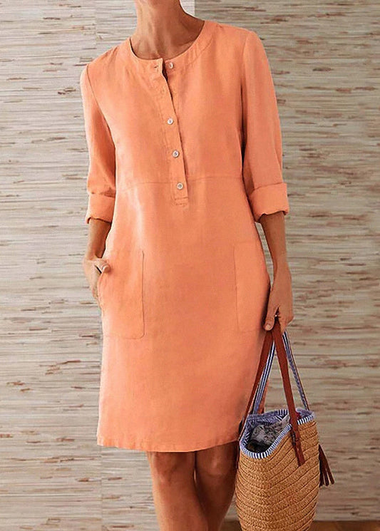 Robe en coton orange à col rond et poches pour femmes, automne QR004