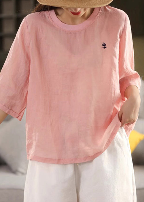 Shirts Damen Orange O Solid Neck Leinen Halbarm T