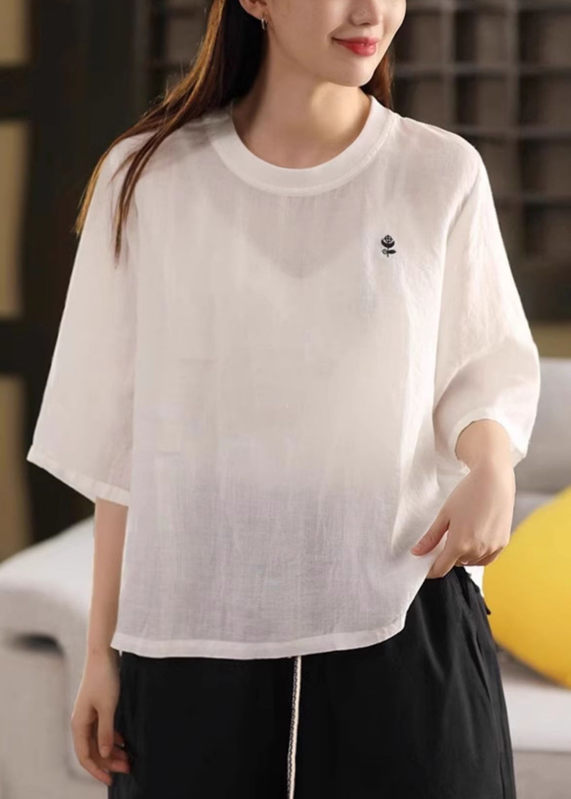 Shirts Damen Orange O Solid Neck Leinen Halbarm T