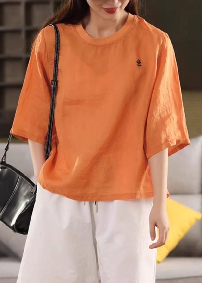 Shirts Damen Orange O Solid Neck Leinen Halbarm T