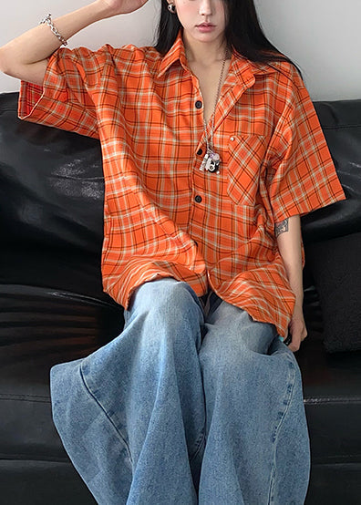 Top Orange Summer Plaid Women Oversized Cotton