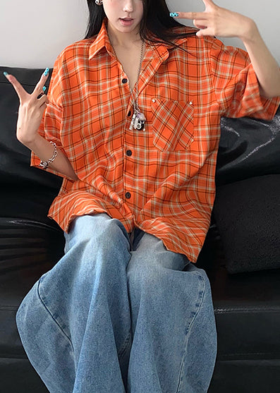 Top Orange Summer Plaid Women Oversized Cotton