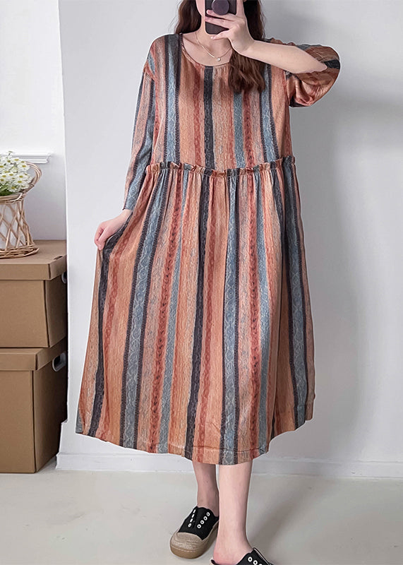 Women Orange Striped Patchwork Silk Cotto Long Dresses Long Sleeve VV073