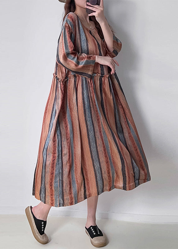 Women Orange Striped Patchwork Silk Cotto Long Dresses Long Sleeve VV073