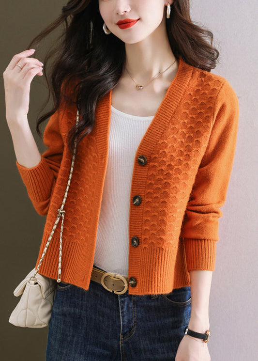 Women Orange V Neck Button Wool Knit Cardigan Winter WL014