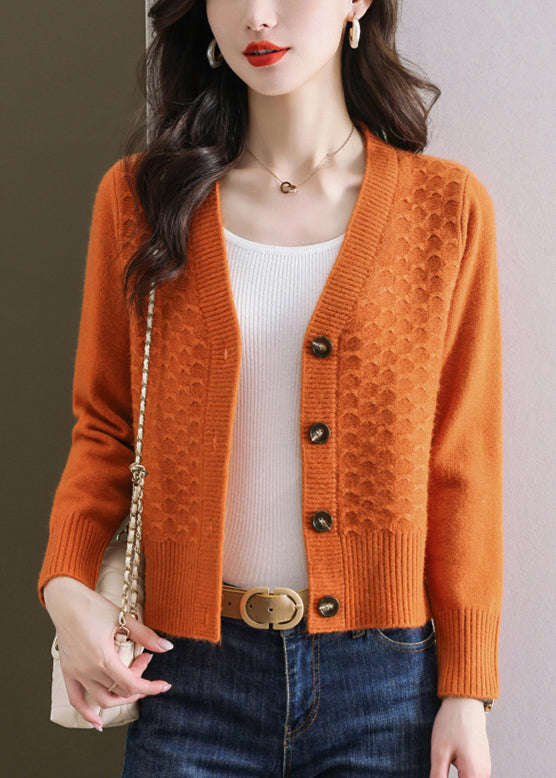 Women Orange V Neck Button Wool Knit Cardigan Winter ER021