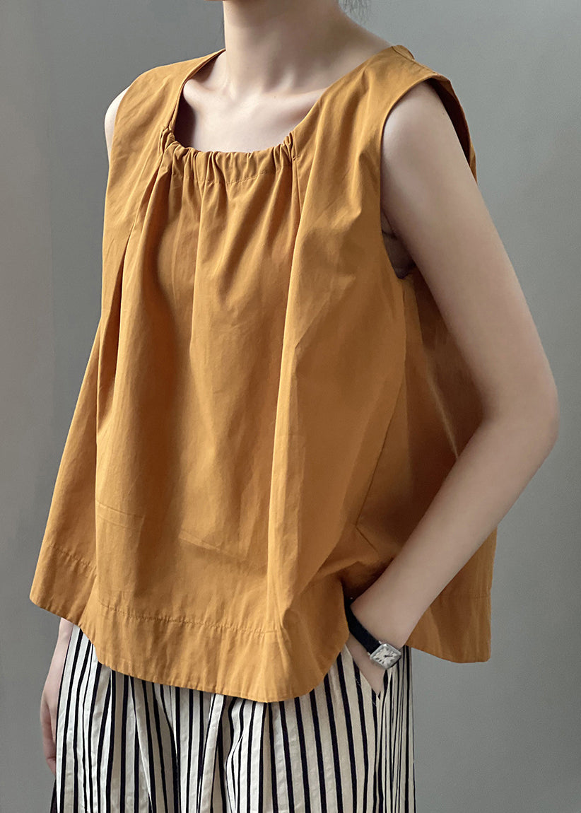 Women Orange Wrinkled Solid Cotton Top Sleeveless QE034