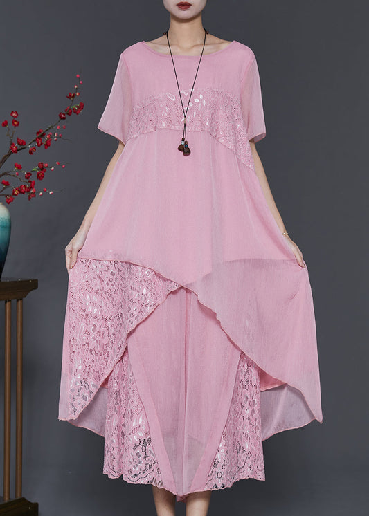 Women Pink Asymmetrical Patchwork Lace Chiffon Two Pieces Set Summer SD1043