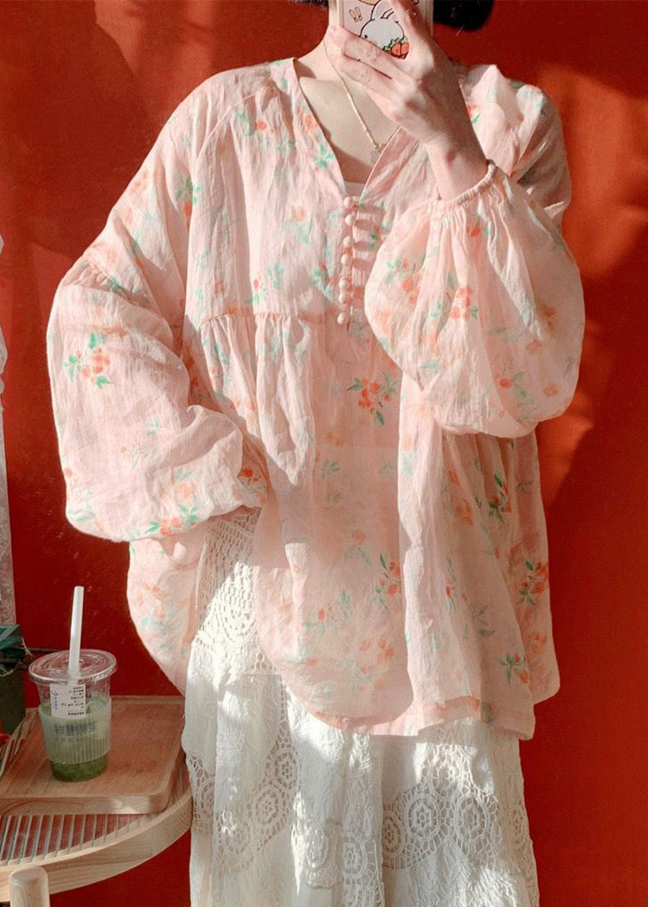 Women Pink Button Print Cotton Blouse Lantern Sleeve KJ019