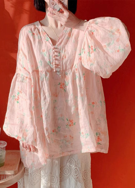 Women Pink Button Print Cotton Blouse Lantern Sleeve KJ019