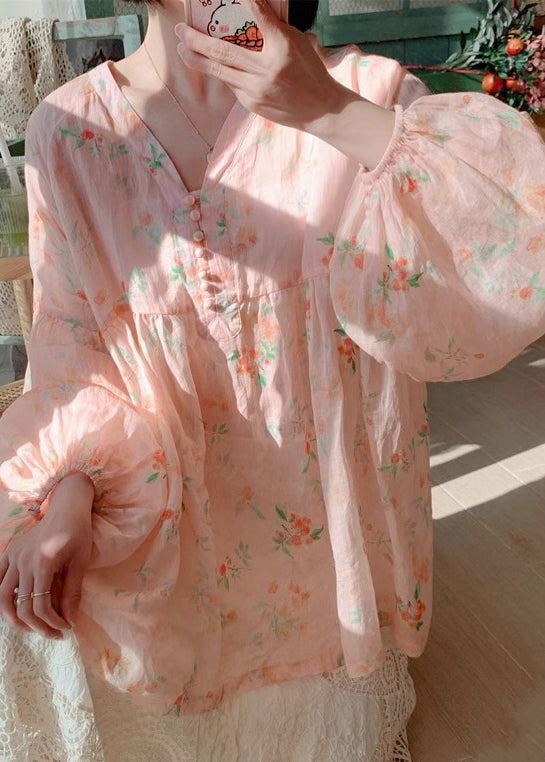 Women Pink Button Print Cotton Blouse Lantern Sleeve KJ019