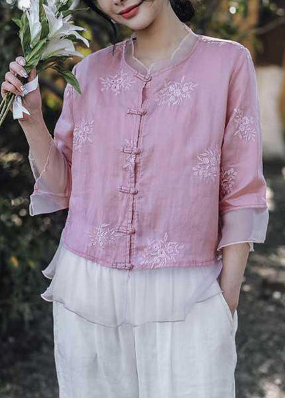 Women Pink Embroidered Button Linen Shirt Bracelet Sleeve VV013