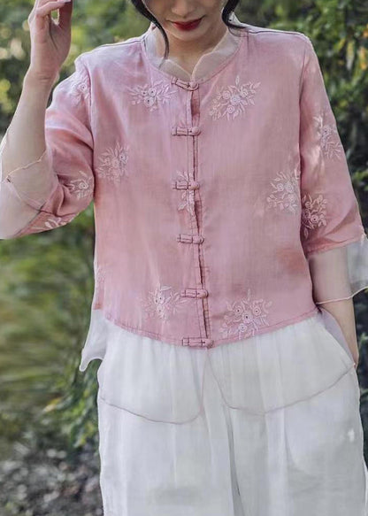 Women Pink Embroidered Button Linen Shirt Bracelet Sleeve VV013