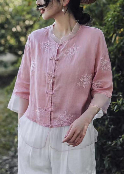 Women Pink Embroidered Button Linen Shirt Bracelet Sleeve VV013