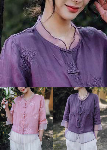 Women Pink Embroidered Button Linen Shirt Bracelet Sleeve VV013