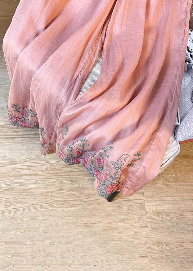 Summer Leg Embroidered Linen Waist Women Wide Pink Pants Elastic