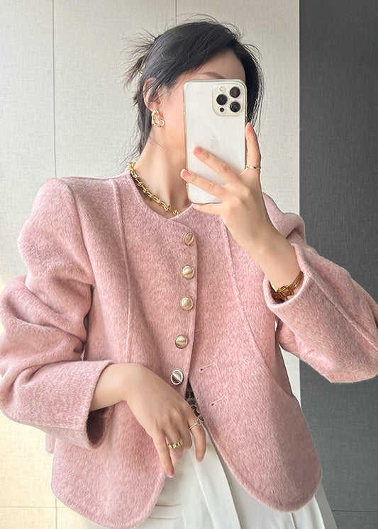 Women Pink O Neck Button Woolen Short Coat Spring TQ018