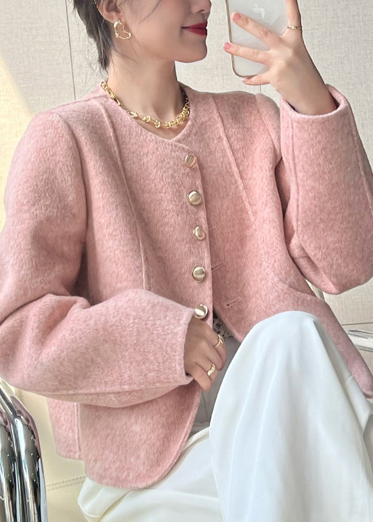 Women Pink O Neck Button Woolen Short Coat Spring TQ018