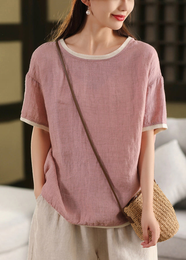 Sommer T Rosa Leinen Patchwork Neck Shirts Frauen O