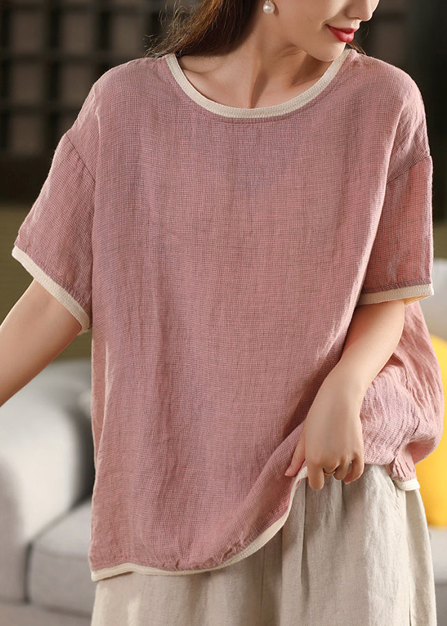 Sommer T Rosa Leinen Patchwork Neck Shirts Frauen O