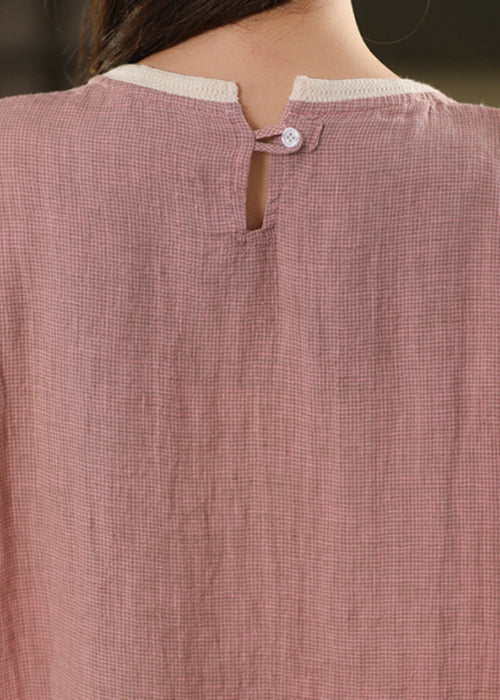 Sommer T Rosa Leinen Patchwork Neck Shirts Frauen O