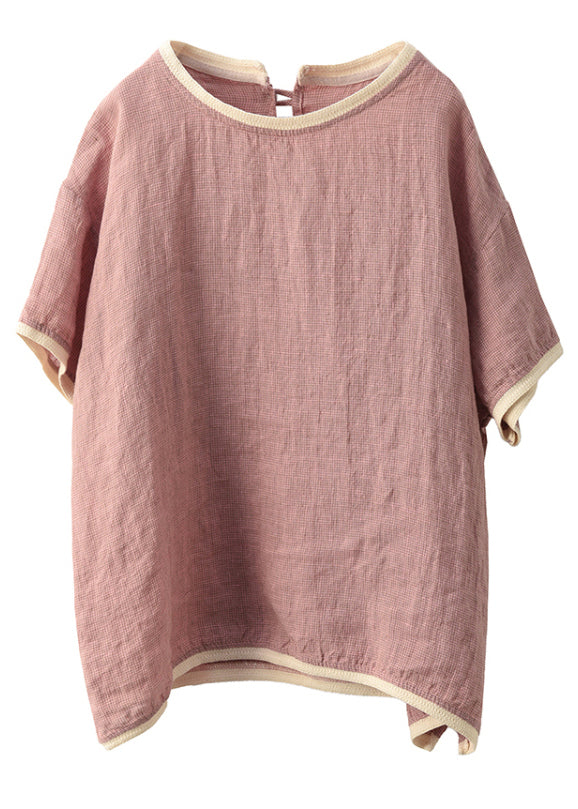 Sommer T Rosa Leinen Patchwork Neck Shirts Frauen O