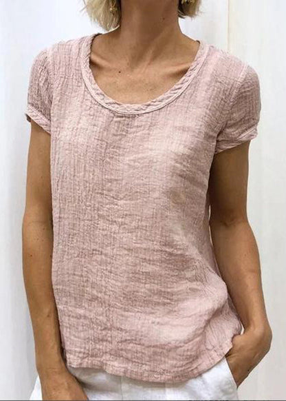 Women Pink O-Neck Solid Cotton T Shirt Summer FF034