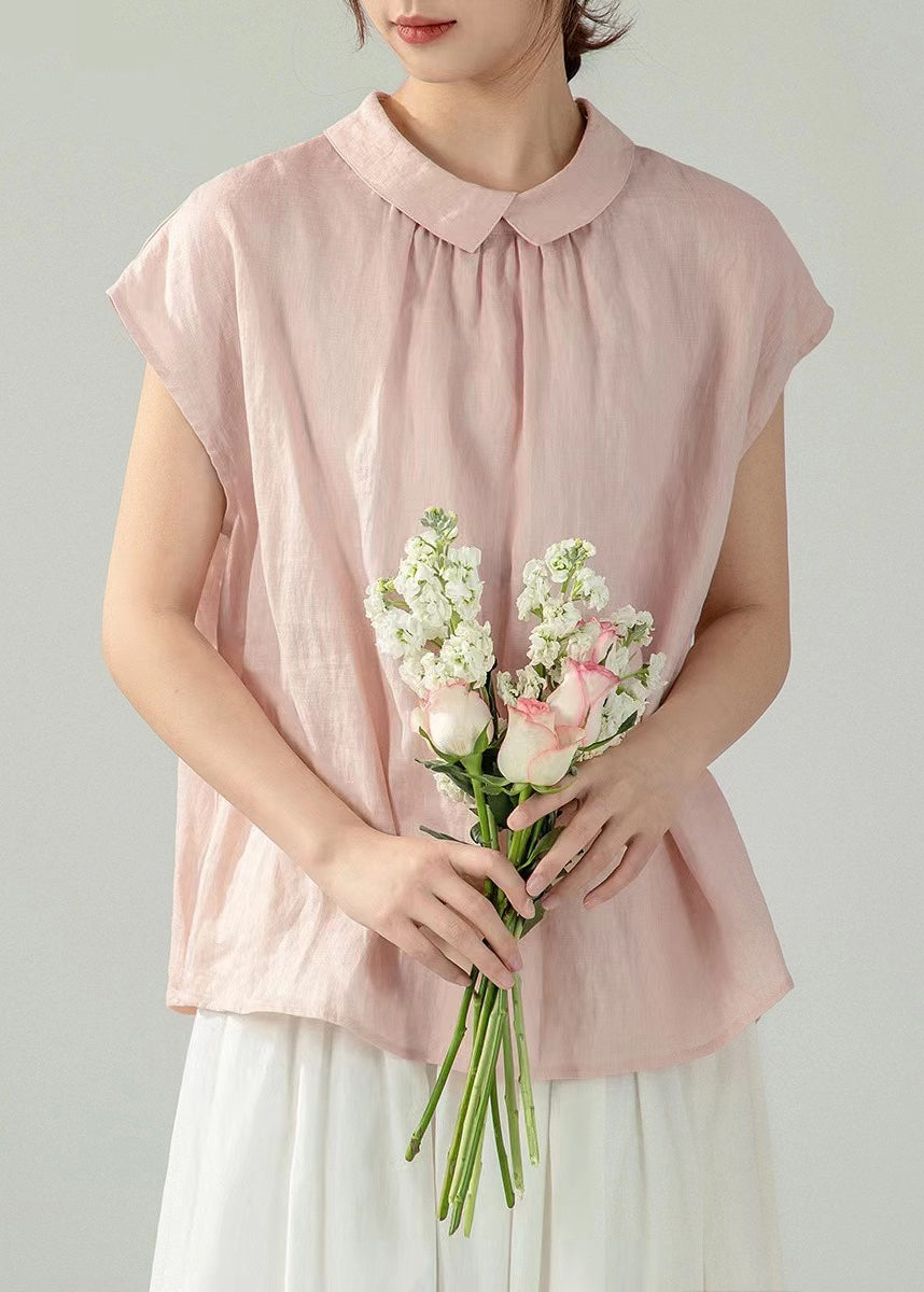 Cotton Button Women Solid Pink Collar Summer Peter Pan Shirt