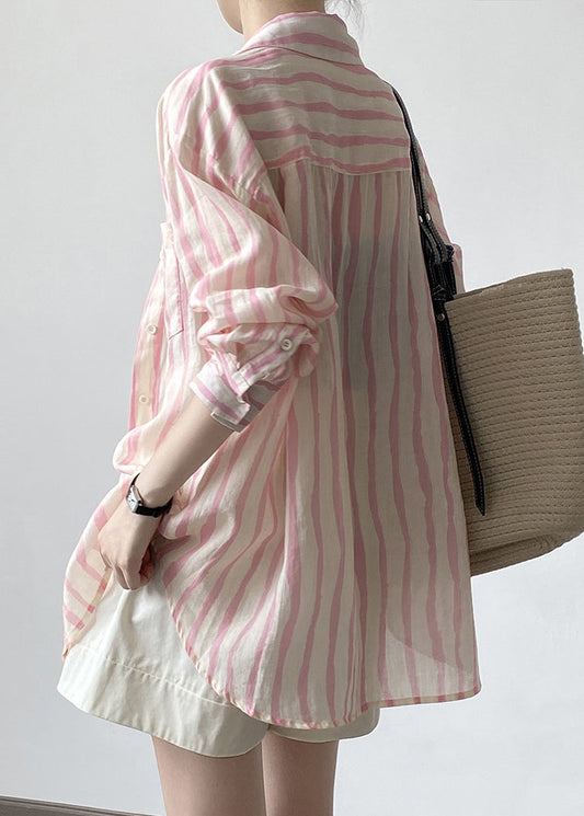 Women Pink Peter Pan Collar Striped Linen Shirt Tops Fall QB035