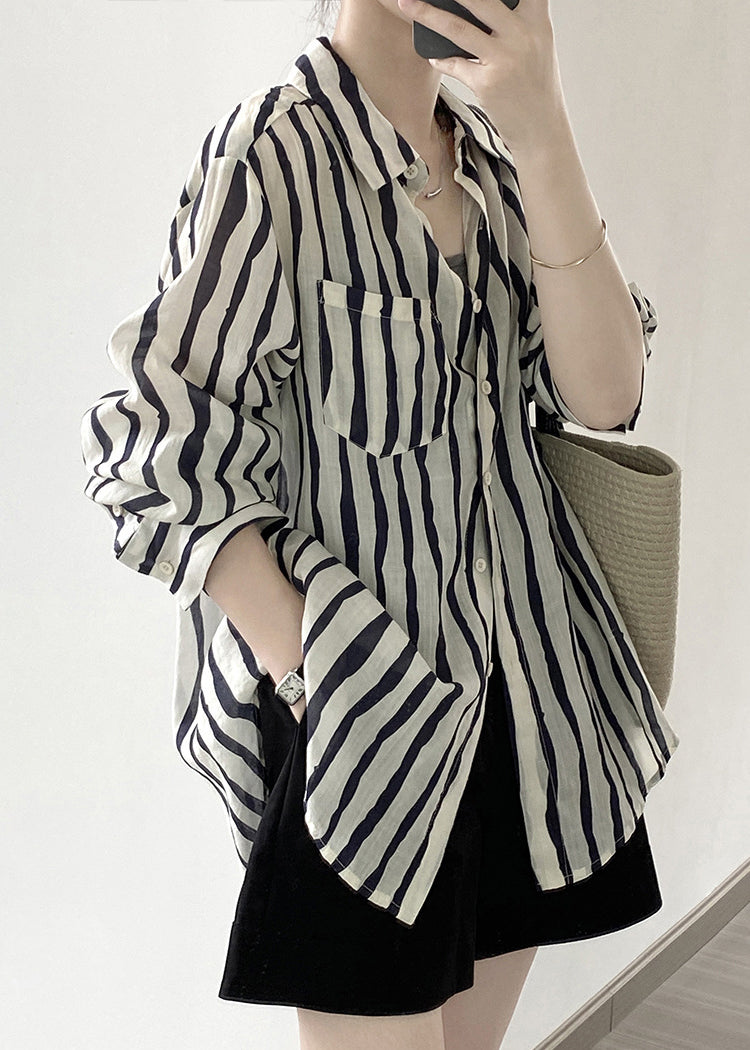 Women Pink Peter Pan Collar Striped Linen Shirt Tops Fall QB035