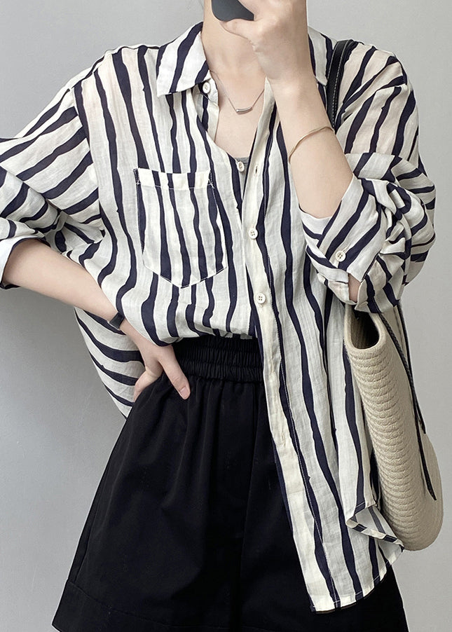 Women Pink Peter Pan Collar Striped Linen Shirt Tops Fall QB035