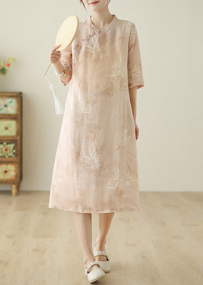 Women Pink Print Pockets Cotton Dress Half Sleeve JH047