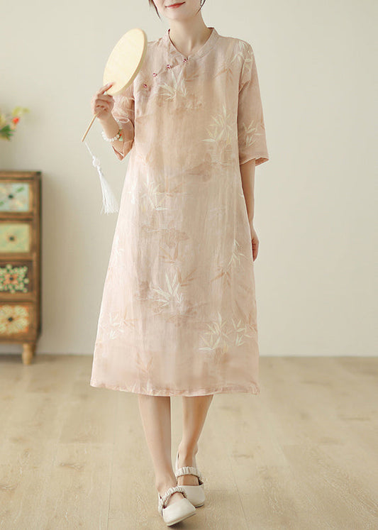 Robe en coton rose à manches mi-longues avec poches et imprimé pour femme JH047