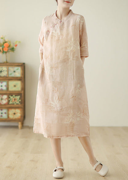 Women Pink Print Pockets Cotton Dress Half Sleeve JH047