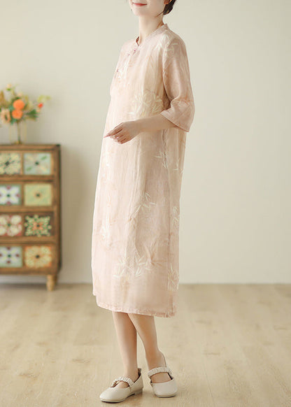 Women Pink Print Pockets Cotton Dress Half Sleeve JH047