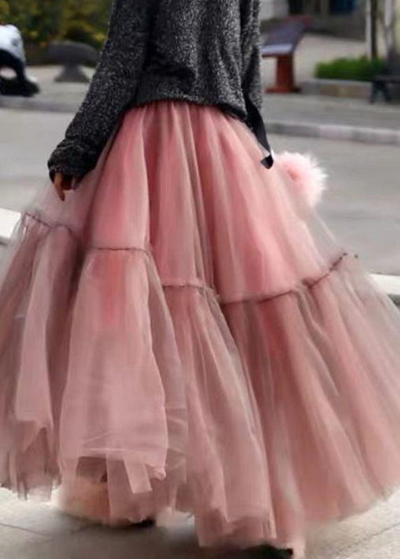 Women Pink Ruffled Tulle Cinched Circle Fall Skirt AM1001