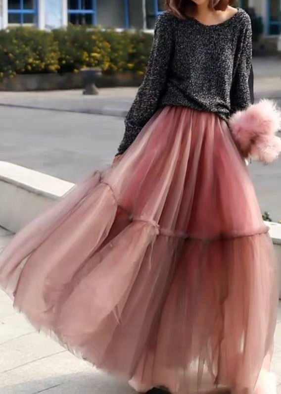 Women Pink Ruffled Tulle Cinched Circle Fall Skirt AM1001