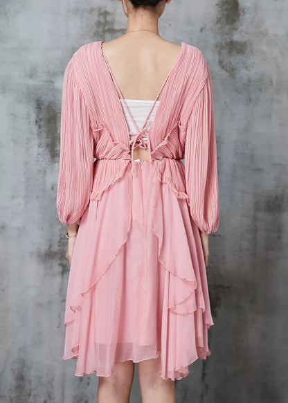 Women Pink Ruffled Wrinkled Chiffon Mid Dress Spring Ada Fashion