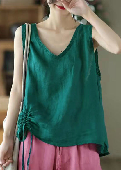 Women Pink Solid V Neck Lace Up Cotton Tank Sleeveless GH1064