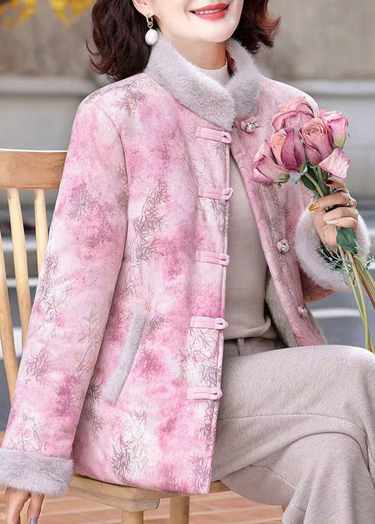 Women Pink Stand Collar Print Patchwork Warm Fleece Parkas Winter RZ037